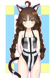 Rule 34 | 1girl, ahoge, animal ears, arms behind back, ash arms, bad id, bad pixiv id, blush, braid, breasts, c-clock, cat ears, cat tail, collarbone, commentary request, groin, highres, long hair, panzer iii (ash arms), simple background, small breasts, smile, solo, swimsuit, tail, twin braids, yellow eyes