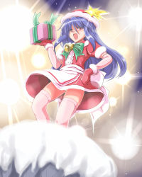 Rule 34 | 1girl, blue hair, christmas, female focus, flx, gift, gloves, hat, hinanawi tenshi, holding, holding gift, long hair, red gloves, santa costume, santa hat, solo, thighhighs, touhou, white thighhighs