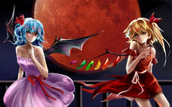 Rule 34 | 2girls, adapted costume, arm at side, arm garter, bat wings, blonde hair, blue hair, blush, breasts, cleavage, dress, finger to own chin, flandre scarlet, flat chest, full moon, hair ribbon, hand on own chest, head tilt, lavender dress, moon, multiple girls, night, night sky, no headwear, no headwear, orange eyes, outdoors, parted lips, railing, red dress, red eyes, red moon, remilia scarlet, ribbon, short hair, siblings, side ponytail, sisters, sky, small breasts, smile, strapless, strapless dress, sumire495, touhou, wings