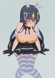 Rule 34 | 1girl, :o, black bow, black bowtie, black gloves, black hair, blush, bow, bowtie, breasts, cleavage, detached sleeves, dress, frilled dress, frills, gloves, grey background, hair between eyes, hair ornament, headpiece, highres, himokawa udon, horns, invisible chair, large breasts, long hair, looking at viewer, parted lips, simple background, sitting, solo, striped clothes, striped thighhighs, thighhighs, ultra kaijuu gijinka keikaku, ultra series, very long hair, yellow eyes, zetton