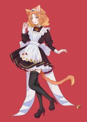 Rule 34 | 1girl, :d, absurdres, animal ears, apron, black dress, black footwear, black thighhighs, braid, cat ears, cat tail, dress, full body, garter straps, high heels, highres, long sleeves, looking at viewer, maid, maid apron, medium hair, moon phases, moon print, open mouth, orange hair, original, parted bangs, puffy long sleeves, puffy sleeves, red background, smile, standing, suzuohkami, tail, thighhighs