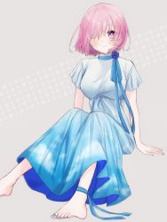 Rule 34 | 1girl, alternate costume, ankle ribbon, barefoot, blue dress, blue nails, blue ribbon, blush, breasts, closed mouth, cloud print, commentary request, dress, fate/grand order, fate (series), fingernails, flower, gradient clothes, hair over one eye, harukappa, highres, leg ribbon, long dress, looking at viewer, mash kyrielight, medium breasts, multicolored clothes, nail polish, one eye covered, pink hair, purple eyes, purple flower, purple rose, ribbon, rose, short hair, short sleeves, sitting, sky print, smile, solo, white dress