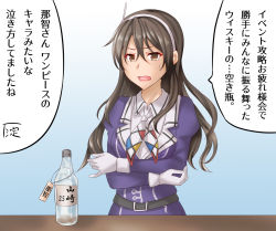 Rule 34 | 1girl, anti (untea9), ascot, ashigara (kancolle), ashigara kai ni (kancolle), blue background, bottle, brown eyes, brown hair, collared shirt, elbow gloves, fangs, gloves, hair between eyes, hairband, indoors, jacket, kantai collection, long hair, long sleeves, looking at another, military, military uniform, multicolored neckerchief, neckerchief, open mouth, pantyhose, purple jacket, shirt, skirt, solo, speech bubble, sweatdrop, table, uniform, wavy hair, white gloves, white neckerchief