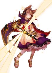 Rule 34 | 1girl, absurdres, anklet, blonde hair, cape, earmuffs, frilled skirt, frills, hair between eyes, highres, holding, holding sheath, jewelry, light rays, looking at viewer, midair, purple cape, sandals, serious, sheath, sheathed, short hair, skirt, sleep (isliping), solo, sparkle, sunbeam, sunlight, touhou, toyosatomimi no miko, transparent background, yellow eyes, yellow footwear