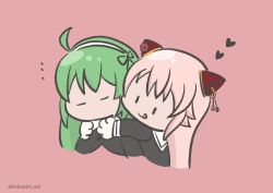 Rule 34 | ..., 2girls, :q, ahoge, animal hands, arms around neck, assault lily, bow hairband, chibi, closed eyes, closed mouth, cropped torso, endou araya, gloves, green hair, hair ribbon, hairband, hairpods, hands up, heads together, heart, highres, hug, hug from behind, kabayaki (kabayaki eel), long hair, long sleeves, looking at another, multiple girls, no mouth, paw gloves, pink hair, red background, ribbon, school uniform, simple background, solid oval eyes, tanaka ichi, tongue, tongue out, twitter username, upper body, white hairband, yuri, yurigaoka girls academy school uniform