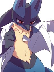 Rule 34 | 1boy, absurdres, animal ears, animal hands, arm up, black fur, blue fur, body fur, bottomless, clothed pokemon, collared shirt, cowboy shot, creatures (company), dressing, furry, furry male, game freak, gen 4 pokemon, half-closed eyes, hand up, highres, long sleeves, looking down, lucario, male focus, multicolored fur, navel, nintendo, open clothes, open shirt, pokemon, pokemon (creature), red eyes, shirt, simple background, snout, solo, spikes, standing, stomach, syuya, tail, white background, white shirt, wide hips, wolf boy, wolf ears, wolf tail, yellow fur