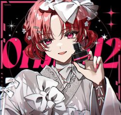 1girl :d bow hair_bow hair_ornament hand_up highres holding japanese_clothes kimono kuga_huna long_sleeves looking_at_viewer nail_polish open_mouth original purple_eyes purple_nails red_hair short_hair smile solo sparkle_background upper_body white_bow white_kimono wide_sleeves