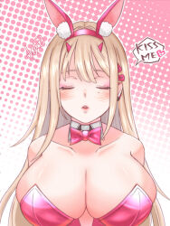 Rule 34 | 1girl, animal ear hairband, animal ears, blonde hair, bow, bowtie, breasts, closed eyes, detached collar, english text, fake animal ears, goddess of victory: nikke, hairband, highres, horns, huge breasts, i (kotombre 0370), incoming kiss, leotard, lips, long hair, mole, mole under eye, parted lips, playboy bunny, rabbit ear hairband, rabbit ears, solo, traditional bowtie, upper body, viper (nikke), viper (toxic rabbit) (nikke)