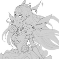 Rule 34 | 1girl, blueharedraws, breasts, commentary, detached sleeves, english commentary, greyscale, hair behind ear, highres, hololive, hololive english, horns, irys (hololive), long hair, medium breasts, monochrome, pointy ears, sketch, skirt, solo, sparkle, virtual youtuber, white background, wings