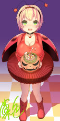 Rule 34 | 1girl, absurdres, blonde hair, boots, breasts, candy, checkered floor, choker, cleavage, commission, covered erect nipples, fake antennae, food, from above, full body, green eyes, hairband, halloween, heart, heart choker, highres, jack-o&#039;-lantern, kashiki main, ladybug costume, large breasts, looking at viewer, missing tooth, open mouth, oppai loli, original, pixiv commission, scoop neck, see-through, shirt, short hair, signature, skirt, smile, taut clothes, taut shirt, trick or treat