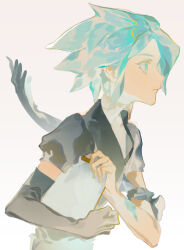 Rule 34 | 1other, androgynous, aqua eyes, aqua hair, aqua nails, black gloves, clipboard, collared shirt, cracked skin, crystal hair, elbow gloves, expressionless, floating hair, from side, gem uniform (houseki no kuni), gloves, holding, holding clipboard, houseki no kuni, huj, injury, looking afar, nail polish, necktie, other focus, parted bangs, phosphophyllite, phosphophyllite (gemstone), phosphophyllite (ll), profile, puffy short sleeves, puffy sleeves, shirt, short hair, short sleeves, sidelocks, simple background, single glove, solo, upper body, white background, white shirt