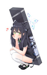 Rule 34 | 1girl, animal ears, arm support, ass, black dress, black footwear, blue archive, blush, bow, box, china dress, chinese clothes, commentary request, dress, full body, green eyes, greyscale, gun, gun on back, hair between eyes, hair bow, hair ribbon, halo, heart, highres, long hair, looking at viewer, mary janes, monochrome, ribbon, shoes, short sleeves, shun (blue archive), shun (small) (blue archive), sidelocks, simple background, smile, solo, squatting, thighhighs, tiger ears, tiger girl, twintails, weapon, weapon on back, white background, yuukun mk-ii