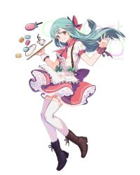 Rule 34 | 1girl, bad id, bad twitter id, boots, bow, brown footwear, cross-laced footwear, cup, green hair, hair bow, high heel boots, high heels, holding, holding tray, lace-up boots, long hair, looking at viewer, multicolored hair, nagu, original, parted lips, plate, red bow, red hair, solo, streaked hair, tea, teacup, teeth, thighhighs, tray, very long hair, white thighhighs