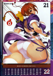 Rule 34 | 1girl, absurdres, ass, blush, bow, braid, breasts, brown eyes, brown hair, cleavage, dead or alive, hair bow, highres, kasumi (doa), large breasts, looking back, open mouth, panties, pelvic curtain, queen&#039;s blade, queen&#039;s gate, sanbasou, solo, tearing clothes, tecmo, thighhighs, torn clothes, underwear, white thighhighs