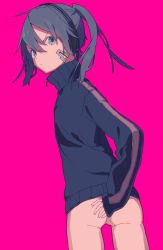 Rule 34 | 1girl, angry, ass, blue eyes, blue hair, bottomless, ene (kagerou project), kagerou project, long sleeves, matching hair/eyes, sleeves past wrists, solo, twintails, vocaloid