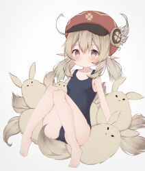 Rule 34 | 1girl, ahoge, animal, ass, barefoot, blonde hair, blue one-piece swimsuit, blush, brown eyes, dodoco (genshin impact), expressionless, feathers, feet, genshin impact, hat, hat feather, klee (genshin impact), knees together feet apart, knees up, long hair, old school swimsuit, one-piece swimsuit, pointy ears, red headwear, risu (ritharte), school swimsuit, sitting, swimsuit, toes, twintails
