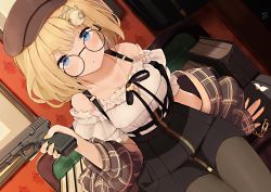 Rule 34 | 1girl, bag, bespectacled, black bag, black pantyhose, black ribbon, black skirt, blonde hair, blue eyes, book, breasts, brown hat, brown jacket, cabbie hat, couch, dutch angle, frilled shirt, frills, glasses, glock, gun, hair ornament, handbag, handgun, hat, highres, holding, holding gun, holding weapon, hololive, hololive english, jacket, jewelry, long sleeves, looking at viewer, medium breasts, medium hair, nail polish, necklace, nejime, off-shoulder shirt, off shoulder, official alternate costume, pantyhose, ribbon, round eyewear, shirt, short sleeves, sitting, skirt, solo, suspender skirt, suspenders, trigger discipline, virtual youtuber, watson amelia, watson amelia (street casual), weapon, white shirt, yellow nails, zipper