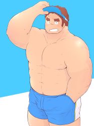 Rule 34 | 1boy, 3c pan, ^ ^, abs, adjusting clothes, adjusting headwear, alternate costume, alternate pectoral size, bara, blue shorts, blush, brown hair, bulge, closed eyes, cowboy shot, closed eyes, facial hair, facial scar, tamamura gunzo, hat, highres, large pectorals, long sideburns, looking at viewer, male focus, muscular, muscular male, navel, navel hair, nipples, pectorals, scar, scar on cheek, scar on face, short hair, shorts, sideburns, solo, spiked hair, stomach, stubble, thick eyebrows, thick thighs, thighs, tokyo houkago summoners, topless male, wet