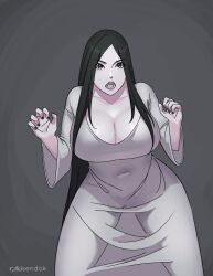 Rule 34 | 1girl, asolhoe, bad id, bad pixiv id, black hair, breasts, claw pose, cleavage, collarbone, covered navel, dress, ghost, highres, kuntilanak, large breasts, long dress, long hair, navel, open mouth, original, pale skin, parted bangs, solo, standing, white dress