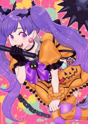 Rule 34 | 1girl, absurdres, ball and chain (weapon), bat hair ornament, black choker, black gloves, bow, bowtie, candy, choker, commentary request, crop top, earrings, feet out of frame, food, gloves, hair ornament, halloween, halloween bucket, highres, holding, holding weapon, jewelry, kuzunosuke0919, leaning forward, light blush, long hair, looking at viewer, magical girl, mahou shoujo minky pinky, multicolored background, napoli no otokotachi, open mouth, orange skirt, orange sleeves, orange thighhighs, pink background, pink eyes, print skirt, purple bow, purple bowtie, purple eyes, purple hair, purple thighhighs, scrunchie, single glove, skirt, skirt tug, smile, solo, spider web print, spiked ball and chain, splatter background, striped clothes, striped thighhighs, thighhighs, twintails, two-tone eyes, two-tone thighhighs, weapon, wrist scrunchie