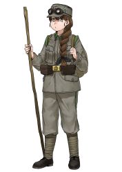 Rule 34 | 1girl, absurdres, anyan (jooho), backpack, bag, belt, belt pouch, black footwear, braid, braided ponytail, brown hair, buttons, cane, full body, goggles, goggles on headwear, grey hat, grey jacket, grey pants, hair over shoulder, hat, highres, jacket, kepi, leg wrap, long hair, long sleeves, looking at viewer, military, military hat, military uniform, original, pants, pouch, shoes, simple background, single braid, solo, standing, uniform, white background, world war i