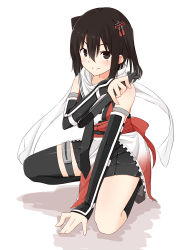 Rule 34 | &gt;:), 10s, 1girl, arm support, asymmetrical legwear, bare shoulders, black eyes, black hair, black skirt, blush, elbow gloves, fuji yoshida, full body, gloves, hair ornament, holding, kantai collection, looking at viewer, on one knee, over-kneehighs, sash, scarf, sendai (kancolle), sendai kai ni (kancolle), single over-kneehigh, single sock, single thighhigh, skirt, smile, socks, solo, squatting, thigh strap, thighhighs, torpedo, two side up, uneven legwear, v-shaped eyebrows, white scarf
