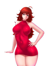 Rule 34 | absurdres, black eyes, breasts, brown hair, dress, fingernails, fraankyy, friday night funkin&#039;, girlfriend (friday night funkin&#039;), hand on own hip, highres, knee up, large breasts, leaning on object, leaning to the side, looking down, nail polish, nipples, pencil dress, red dress, smile, solo, standing, thick thighs, thighs, wide hips