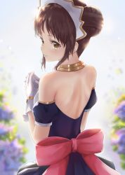 Rule 34 | 1girl, back bow, backless dress, backless outfit, blue dress, blue sleeves, blurry, blurry background, bow, brown hair, dargo, day, detached sleeves, double bun, dress, flower, from behind, gloves, headdress, highres, outdoors, parted lips, princess connect!, princess connect!, purple flower, red bow, short hair, short sleeves, shoulder blades, solo, suzume (princess connect!), white gloves, yellow eyes