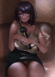 Rule 34 | 1girl, bare shoulders, black eyes, black hair, blush, bra, breasts, commentary, couch, glasses, hands on own chest, highres, hip focus, inushima, large breasts, lips, looking at viewer, microphone, original, panties, pantyshot, pencil skirt, shirt, shy, sitting, skirt, solo, thighs, underwear, wallpaper (object), wide hips
