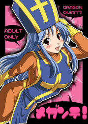 Rule 34 | 1girl, akino hamo, blue hair, bodysuit, breasts, chunsoft, dragon quest, dragon quest iii, enix, gloves, hat, large breasts, mitre, priest, priest (dq3), red eyes, solo, square enix, tabard