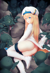 Rule 34 | 10s, 1girl, absurdres, aqua eyes, arm grab, ass, blonde hair, blush, boots, cave, colored skin, eyebrows, goblin, goblin slayer!, green skin, hat, highres, imminent rape, interspecies, long hair, long sleeves, lying, monster, multiple boys, nestea, no panties, on side, priestess (goblin slayer!), pussy juice, solo focus, thigh boots, thighhighs, torn clothes, white footwear, white hat