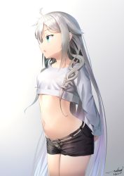 Rule 34 | 1girl, 2018, ahoge, belt, black shorts, blouse, blue eyes, braid, breasts, cowboy shot, crop top, dated, floating hair, gradient background, grey background, highres, ia (vocaloid), leaning forward, long hair, midriff, navel, open mouth, overlord (overlord80000), shirt, short shorts, shorts, side braid, signature, silver hair, small breasts, solo, standing, stomach, twintails, very long hair, vocaloid, white shirt