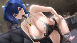 Rule 34 | 1girl, areola slip, azur lane, bent over, blue hair, breasts, cleavage, condom, condom in mouth, condom wrapper, downblouse, dress, fouriasensei, hanging breasts, highres, huge breasts, jewelry, leaning forward, looking at viewer, mouth hold, nail polish, necklace, official alternate costume, panties, panty pull, pink eyes, side ponytail, silver dress, st. louis (azur lane), st. louis (luxurious wheels) (azur lane), thighs, underwear