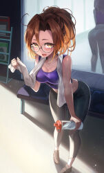 Rule 34 | 1girl, absurdres, bottle, breasts, brown hair, commission, copyright request, glasses, green-framed eyewear, hakusyokuto, highres, holding, holding bottle, long hair, looking at viewer, medium breasts, open mouth, orange hair, pants, round eyewear, skeb commission, standing, towel, towel around neck, water bottle, yellow eyes, yoga pants