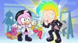 Rule 34 | 1boy, 1girl, alternate hairstyle, amy rose, artist request, bad source, belt, black footwear, black hat, black jacket, boots, box, clothes hanger, fingerless gloves, full body, gloves, green eyes, hat, highres, jacket, leather, leather jacket, mirror, mohawk, official art, old, old man, professor pickle, shoulder spikes, sonic (series), sonic unleashed, sparkle, spiked gloves, spikes, standing, sweat, third-party source, white gloves