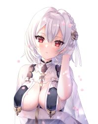 Rule 34 | 1girl, azur lane, blush, braid, breast curtains, breasts, china dress, chinese clothes, closed mouth, dress, flower, gloves, hair between eyes, hair ornament, half gloves, large breasts, looking at viewer, nami (nyaa), neckwear between breasts, pelvic curtain, petals, red eyes, revealing clothes, short hair, sirius (azur lane), sirius (azure horizons) (azur lane), solo, underboob, white gloves, white hair