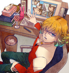 Rule 34 | 10s, alcohol, bad id, bad pixiv id, barnaby brooks jr., blonde hair, boots, computer, facial hair, glasses, green eyes, jacket, jewelry, kaburagi t. kotetsu, keyboard (computer), male focus, necklace, pen, perspective, red jacket, short hair, skr tsunakan, stubble, stuffed animal, stuffed rabbit, stuffed toy, tiger &amp; bunny, tissue, wild tiger, wine