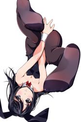 Rule 34 | 1girl, animal ears, bare shoulders, black eyes, black hair, black pantyhose, blush, bow, bowtie, breasts, cleavage, detached collar, fake animal ears, feet, foot focus, foreshortening, highres, leotard, long hair, looking at viewer, matsunaga kouyou, no shoes, original, pantyhose, playboy bunny, rabbit ears, simple background, small breasts, soles, solo, upside-down, v arms, white background, wrist cuffs