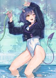 Rule 34 | 1girl, absurdres, black jacket, blue hair, covered navel, cropped jacket, demon tail, groin, highres, holding, holding hose, horns, hose, jacket, long sleeves, looking at viewer, lying, naka1379, on back, one-piece swimsuit, one eye closed, open mouth, original, short hair, smile, soaking feet, solo, swimsuit, tail, water, wet, wet clothes, white one-piece swimsuit, yellow eyes
