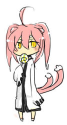 Rule 34 | 1girl, animal ears, arc system works, blazblue, boh (pixiv422546), candy, cat ears, cat girl, cat tail, female focus, food, full body, kokonoe (blazblue), lab coat, lollipop, long hair, lowres, multiple tails, pink hair, solo, tail, white background, yellow eyes