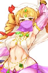 Rule 34 | 1girl, arm up, armpits, artist request, blonde hair, breasts, brown eyes, cleavage, dancer, detached sleeves, drill hair, face veil, hair ribbon, harem outfit, hat, highres, jewelry, large breasts, long hair, long sleeves, looking at viewer, mob cap, navel piercing, necklace, open mouth, pants, piercing, purple pants, ribbon, shirt, sleeveless, sleeveless shirt, smile, sparkle, teeth, touhou, twin drills, twintails, veil, white background, white hair, white shirt, yorigami jo&#039;on