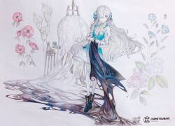 Rule 34 | 1girl, album cover, blue dress, blue flower, blue hair, cover, derivative work, dress, easel, expressionless, flower, flower request, full body, grey eyes, hair flower, hair ornament, hair over one eye, highres, holding cloth, isekai joucho, kamitsubaki studio, kokonama, long hair, looking at viewer, marker (medium), melting, multicolored hair, nemophila (flower), orb, pantyhose, parted lips, pink flower, red flower, solo, traditional media, two-tone dress, two-tone hair, virtual youtuber, white dress, white flower, white hair, white pantyhose