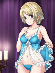 Rule 34 | 1girl, alternate costume, armpits, awazake (2wairu), babydoll, blonde hair, blue eyes, blue nails, blue panties, blush, breasts, candle, cleavage, collarbone, cowboy shot, fire emblem, fire emblem heroes, fjorm (fire emblem), hand on own chest, lace trim, lingerie, looking at viewer, md5 mismatch, medium breasts, nail polish, navel, negligee, nintendo, panties, resolution mismatch, see-through, short hair, sleeveless, smile, solo, source smaller, standing, underwear