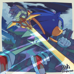 Rule 34 | 1boy, absurdres, animal ears, animal nose, caliburn (sonic), clenched hand, closed mouth, cloud, commentary, full body, furry, furry male, gauntlets, gloves, green eyes, highres, holding, holding sword, holding weapon, male focus, outdoors, red footwear, shoes, single gauntlet, solo, sonic (series), sonic and the black knight, sonic the hedgehog, supsross, sword, tail, twitter username, weapon, white gloves
