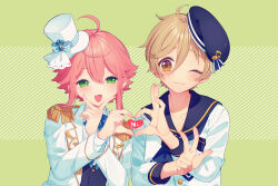 Rule 34 | 2boys, androgynous, blush, brown eyes, closed mouth, ensemble stars!, facing viewer, green eyes, hat, heart, heart hands, heart hands duo, himemiya tori, light brown hair, looking at another, male focus, mashiro tomoya, multiple boys, open mouth, pink hair, rinndouk, sailor hat, short hair, smile