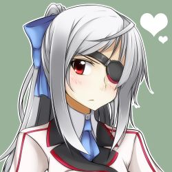 Rule 34 | 10s, 1girl, bad id, bad pixiv id, bow, eyepatch, hair bow, heart, infinite stratos, laura bodewig, long hair, necktie, pako (moto paco), ponytail, red eyes, silver hair, simple background, solo, uniform, upper body
