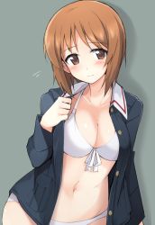 Rule 34 | 10s, 1girl, arm at side, bad id, bad nicoseiga id, bikini, black jacket, blush, breasts, brown eyes, buttons, cleavage, closed mouth, cowboy shot, eyebrows, flying sweatdrops, front-tie bikini top, front-tie top, girls und panzer, grey background, jacket, long sleeves, looking at viewer, mobu, navel, nishizumi miho, open clothes, open jacket, orange hair, ribbon, short hair, simple background, smile, solo, stomach, swimsuit, tareme, unbuttoned, white bikini, white ribbon