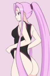Rule 34 | 1girl, absurdres, ass, black one-piece swimsuit, fate/stay night, fate (series), frontal wedgie, highres, medusa (fate), medusa (rider) (fate), one-piece swimsuit, ponytail, purple eyes, purple hair, square pupils, swimsuit, unusual pupils, wedgie