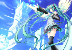 Rule 34 | 1girl, aqua hair, day, detached sleeves, female focus, hatsune miku, headphones, headset, highres, long hair, music, necktie, open mouth, outdoors, singing, skirt, sky, solo, tenmaso, thighhighs, twintails, very long hair, vocaloid, wings, zettai ryouiki