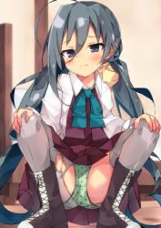 Rule 34 | 1girl, ahoge, aqua bow, aqua bowtie, beritabo, blush, boots, bow, bowtie, closed mouth, collared shirt, cross-laced footwear, dress, green panties, grey eyes, grey hair, grey pantyhose, hair between eyes, highres, kantai collection, kiyoshimo (kancolle), lace-up boots, long hair, long sleeves, low twintails, panties, panties under pantyhose, pantyhose, pleated dress, purple dress, shirt, solo, torn clothes, torn pantyhose, twintails, underwear, white shirt